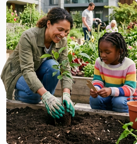 Imagem mulher plantando com criança do lado.